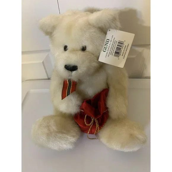 GUND CHRISTMAS PRESENT RED SATIN BAG PLUSH CREAM TEDDY BEAR 43475 STUFFED ANIMAL