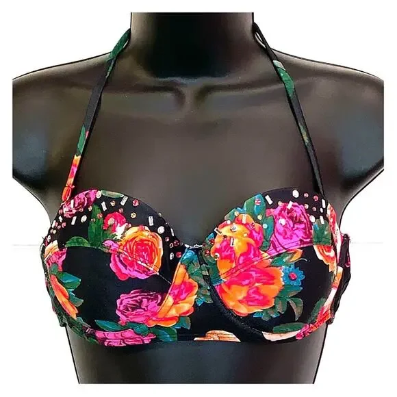 Endless Sun Medium Floral Bikini Top Black Multicolor Underwire Halter Swim
