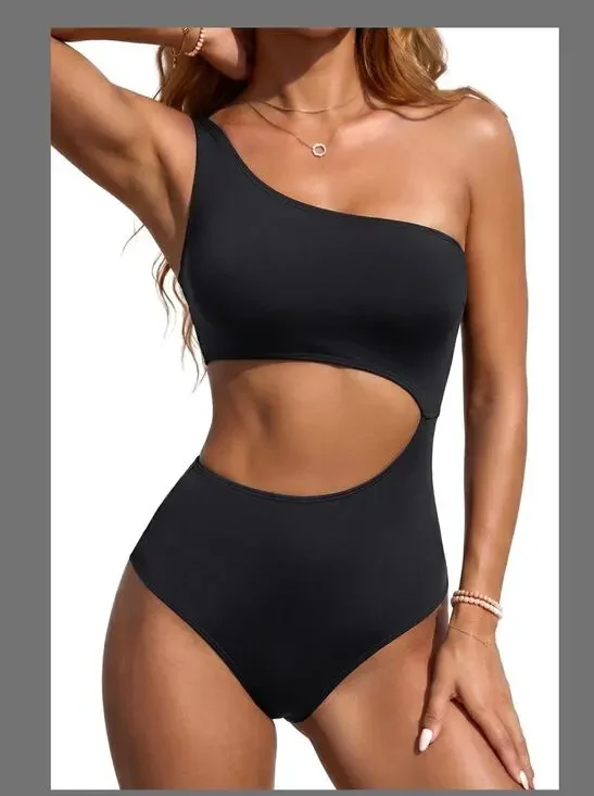 Yonique Women’s One Piece Swimsuit One Shoulder Cutout Tummy Control Black M