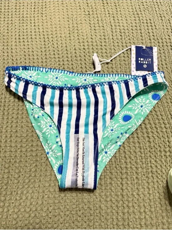 Roller Rabbit Aqua Floral and Navy Stripe Reversible Bikini Bottom