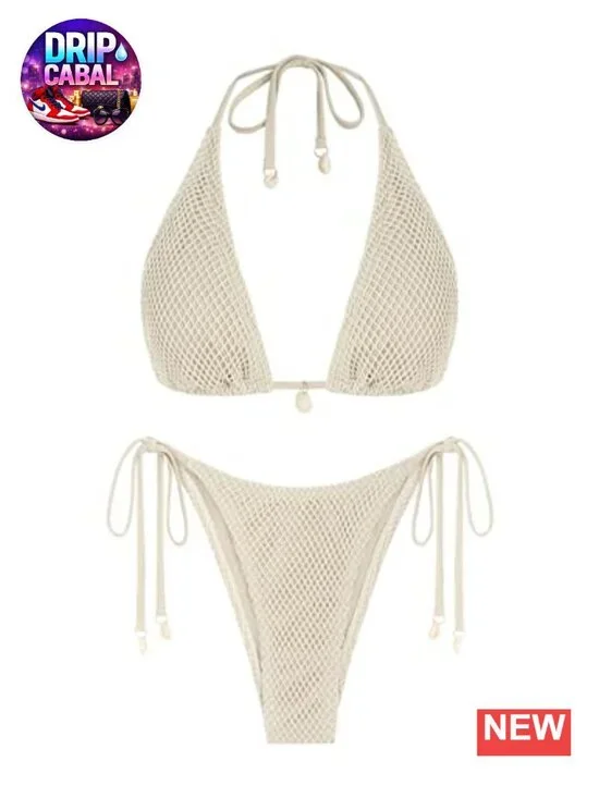 Mermaid Fishnet Bikini Set Halter Bandeau Boho Shell Crochet 2 Piece Swimsuit