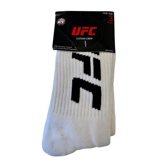 3- UFC Crew Socks White Black NWT Cotton Antimicrobial Moisture Control