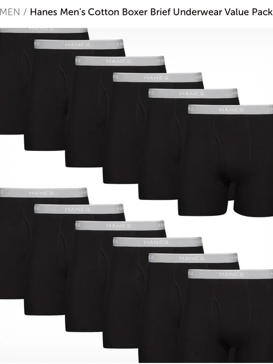 XL 12 pack, Hanes Black Boxer Briefs with Gray Waistband