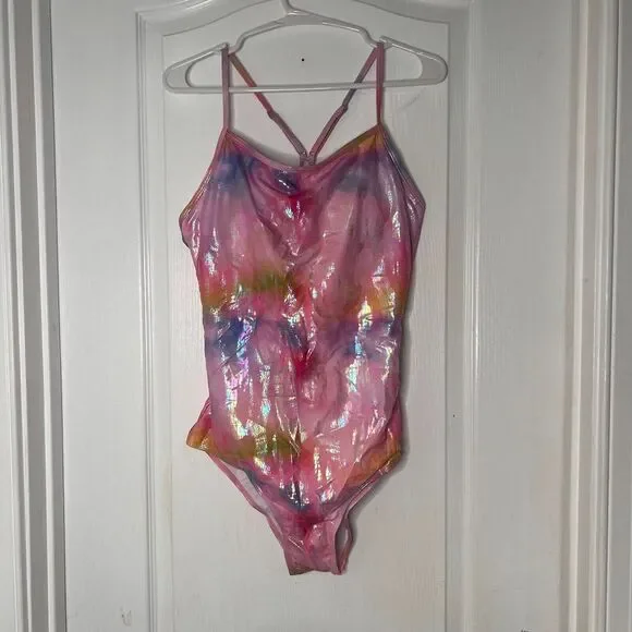 Pink Iridescent Tie Dye‎ Holographic Scale One Piece Swimsuit XL Mermaidcore