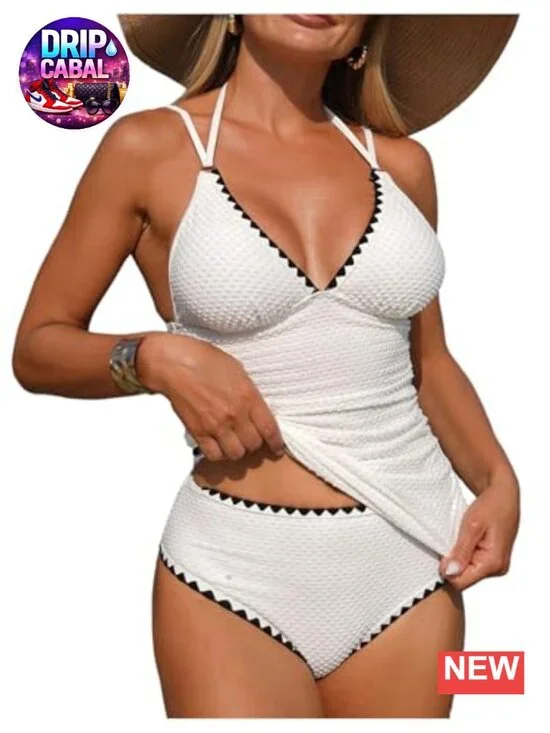 2 Piece Textured Halter Tankini Swimsuit with Tie Backless Top and Brief Bottom