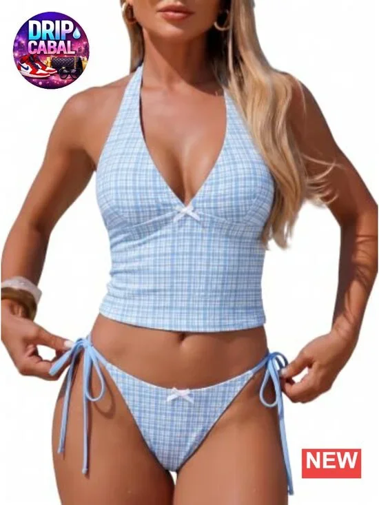 Gingham Halter V Neck Tankini Set with Thong Bottom Swimwear