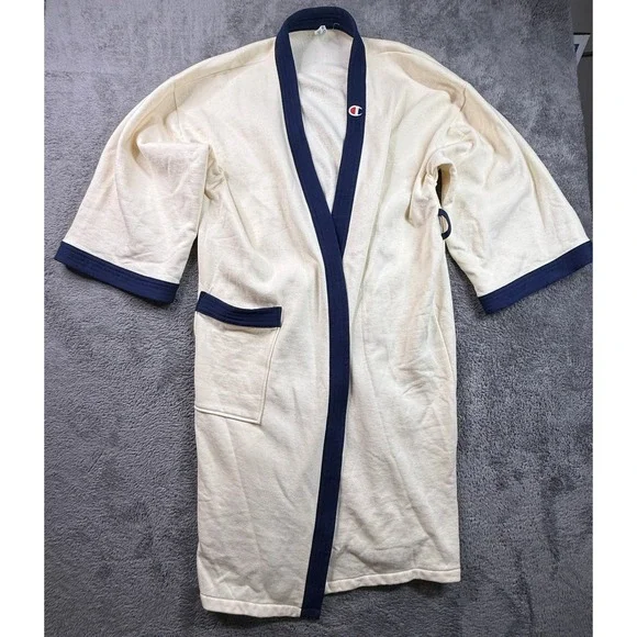 Champion Fleece Robe Mens Large Ivory Excellent Vintage 90s USA Navy Trim