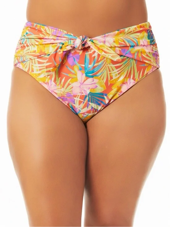 Time and Tru Floral High Waist tie Swim Bottoms pink orange size medium (8-10)
