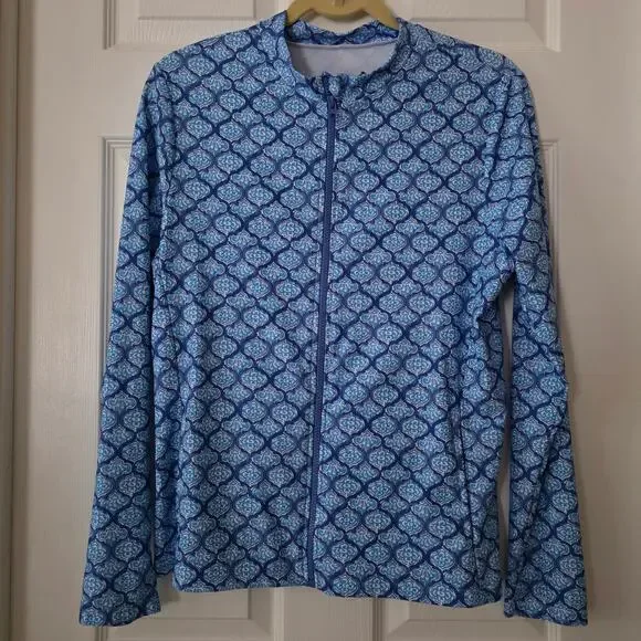 Caribbean Joe Full Zip Mock Neck Long Sleeve Rash Guard Top Size Large