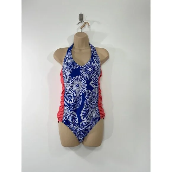Cleanwater Blue & White Floral One-Piece Swimsuit ~ Size L