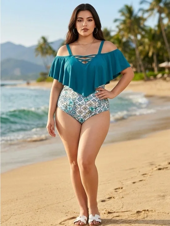 NWT BloomChic Plus Size One Piece Ruffle Criss Cross Two Tone Teal/Blue Size 3XL