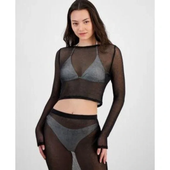 Miken Swim Metallic Mesh Crop Top Cover Up Women XL Black Resort Beach‎ Pool NWD