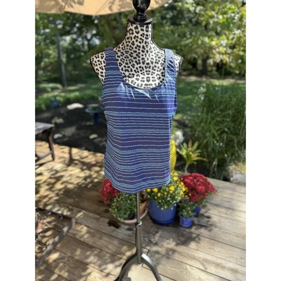 L.L. Bean Blue Tankini Swimsuit Bathing Suit Top Size 18 Dotted Stripe Modest