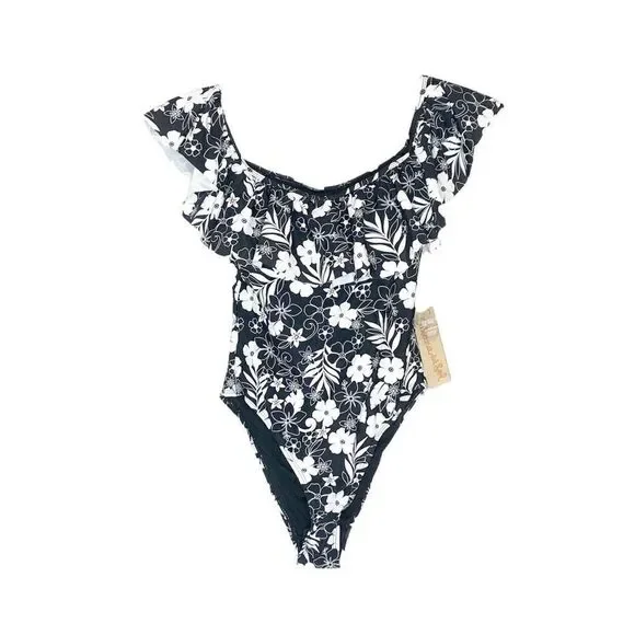 NWT Cabana del Sol Black w/Floral Print, Lined, Ruffled, One-Piece Swimsuit - S