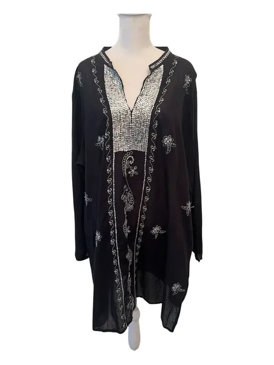 OSFM Sheer Black Long Sleeve Tunic Swim Coverup with Sequins an Side Slits EUC