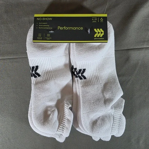 All in Motion Mens Performance No-Show Socks 6 Pack White Shoe Size 6-12 NEW