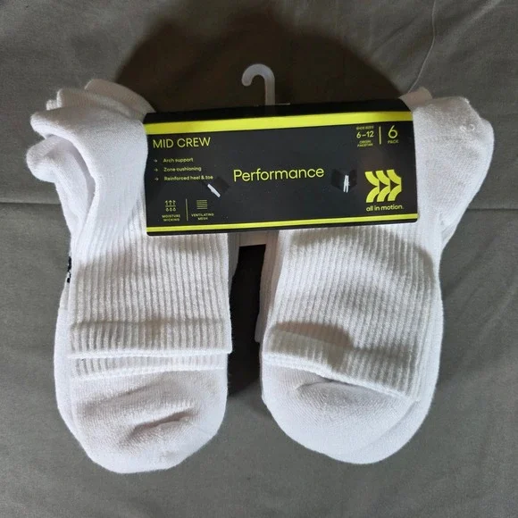 All in Motion Mens Performance Mid Crew Socks 6 Pack White Shoe Size 6-12 New