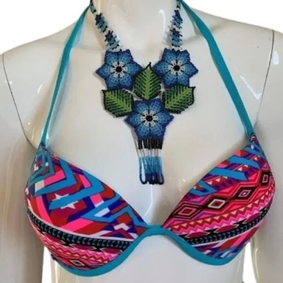 NWT Belle‎ D'Azure Teal/pink Aztec print bikini top  - M/8