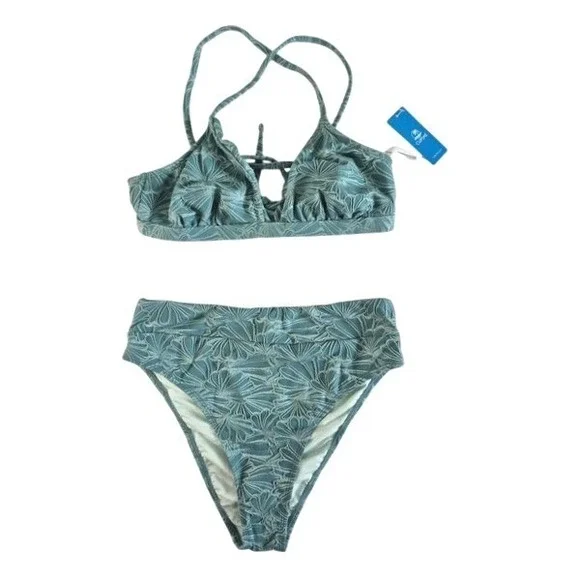 Cupshe Womens Teal‎ Textured Floral High Waisted Bikini Set NWT Size Medium