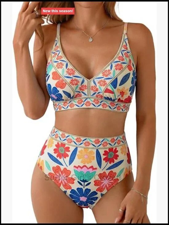 High Waisted Bikini Set V Neck Floral Print Push Up Two Piece Swimsuit Bathing