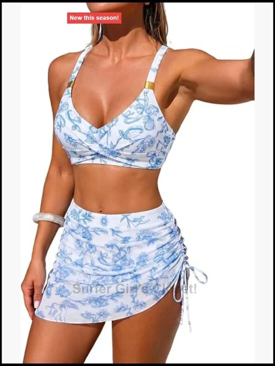 High Waisted Tummy Control Twist Bikini Set with Sarong Wrap Adjustable Straps