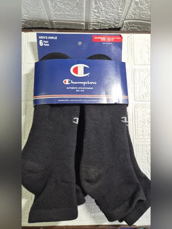 Champion Men's Ankle Socks moisture-wicking Double Dry technology Size 12-14