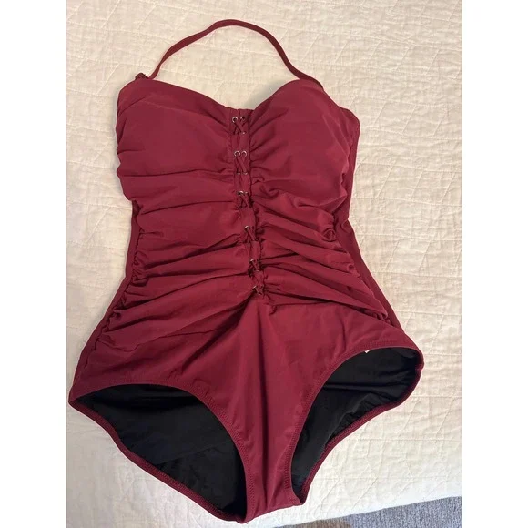 Profile by Gottex Ruched‎ One Piece Swimsuit Red Laced Halter Size 10