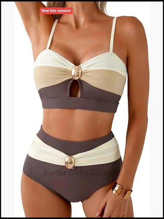 High Waisted Colorblock Bikini Set with Oval Metal Cutout