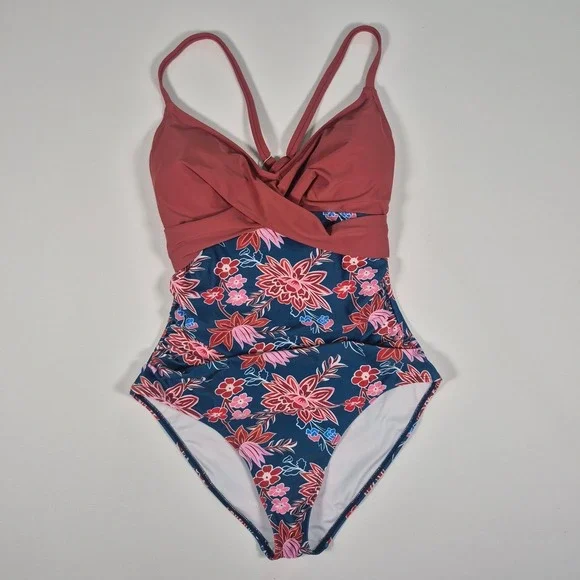 B2PRITY Women Floral One Piece Swimsuit Mauve‎ Navy V-Neck Ruched Size M New