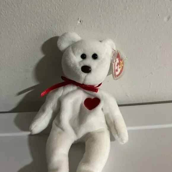 Ty Beanie Babies White Bear Plush Red Heart Ribbon Tag Retired Original 1993