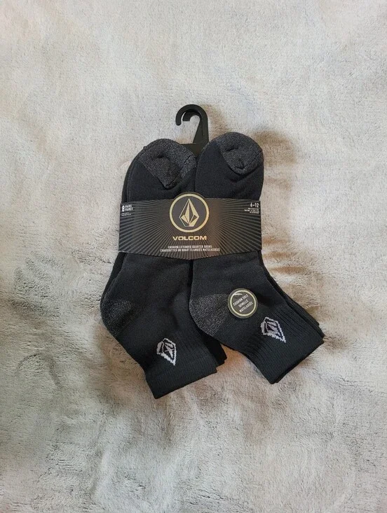 8-Pairs Volcom Mens Size 6-12 Cushioned Quarter Socks Black White Gray