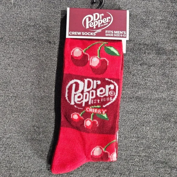 Dr Pepper Cherry Red Crew Socks Mens Shoe Size 6-12 Novelty Soda Logo