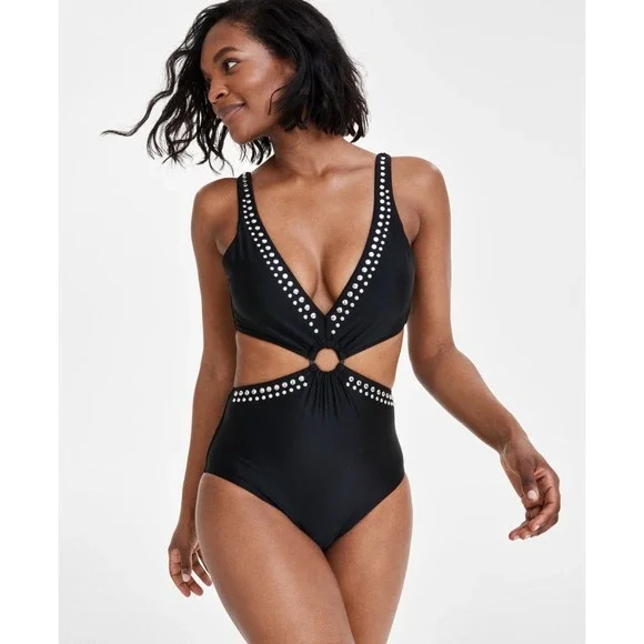 Bar III Women's Studded One-Piece Swimsuit, Black With Silver‎ Small (52)