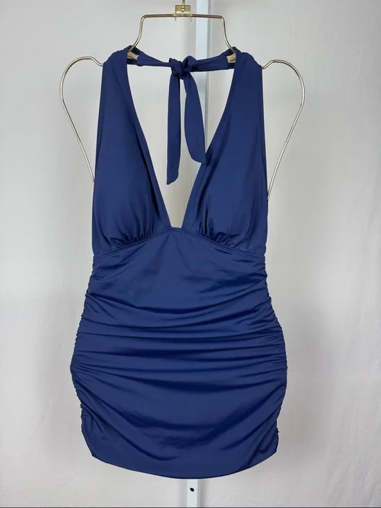 Tart Swim Women’s Size XS Blue Halter Ruched One-Piece Swim Dress with Bra Pads