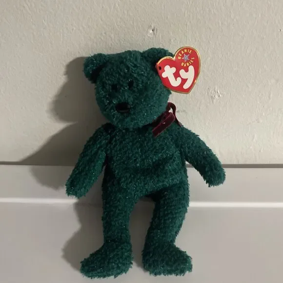 Vintage Ty Beanie Baby 2001 Sparkle Green Holiday Bear MWMT
