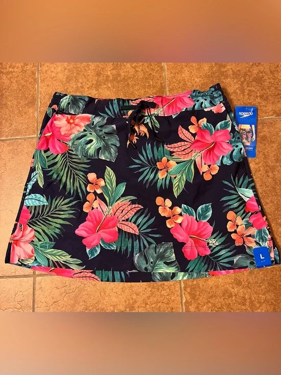 Speedo Navy Swim Skirt with Pink & Green Tropical Print NWT Shorts Sz Large