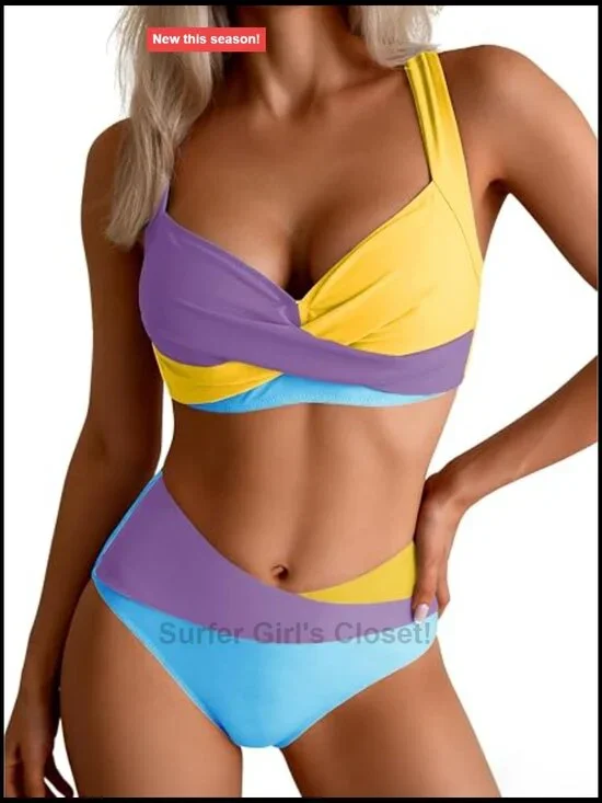 Two Piece Bikini Set Mid Rise Color Block Tie Back Push Up Swimsuit
