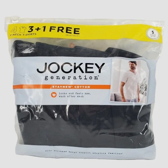 Jockey Generation Mens Small Black V Neck T-Shirts 4‎ Pack StayNew Cotton 006993