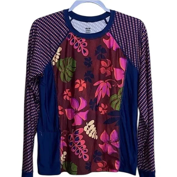 Title Nine Navy Floral Rash Guard Swim Coverup with Pink and Green Accents