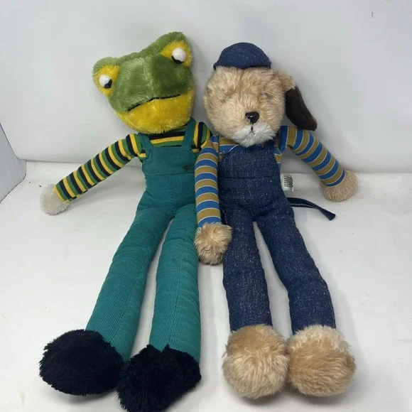 Vintage Personality Plush Lot Frog + Dog Knee Hugger Overalls 23