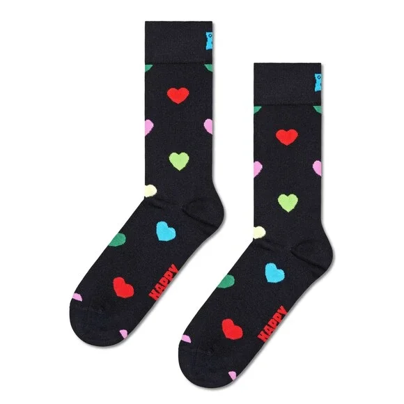 HAPPY SOCKS Crew Socks Black Heart Combed Cotton Unisex M 8-12 W 10-12.5