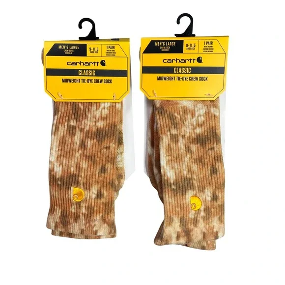 Carhartt Men 2 Pair Tie Dye Crew Socks Malt Khaki Midweight Large Mens 9-11.5