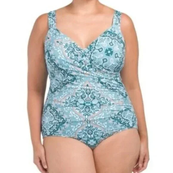 Jantzen Draped Surplice One Piece Bathing Suit Ocean  Floral‎ Stretch NWT 18W
