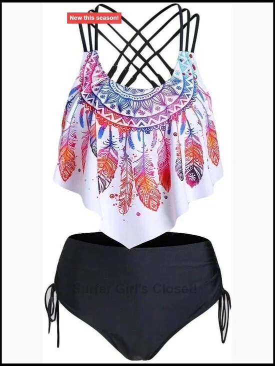 Women Feather Print Strappy Cinched Tankini Swimwear