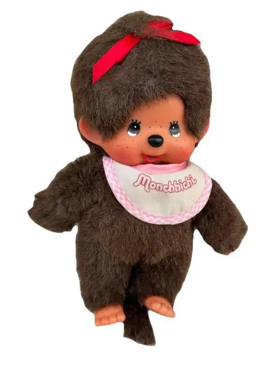Vintage Monchhichi Girl Plush Doll Pink Bib Bow Sekiguchi Europe Kawaii Monkey