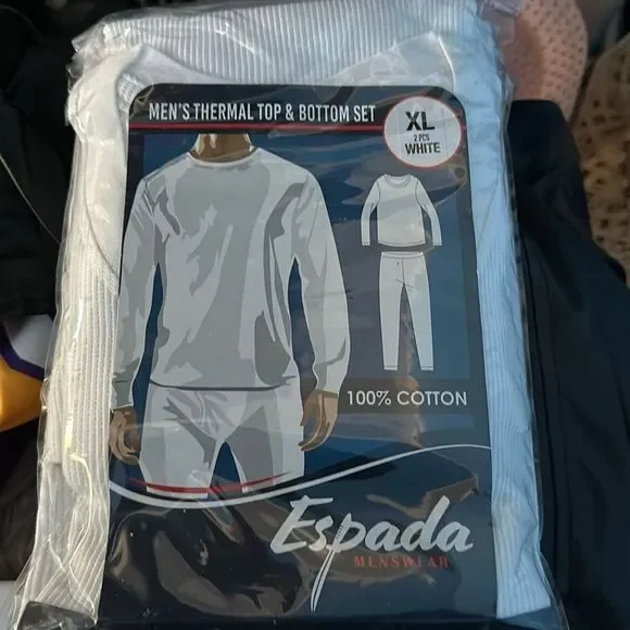 Espada Men’s XL White Thermal Underwear Set 100% Cotton Top & Bottom