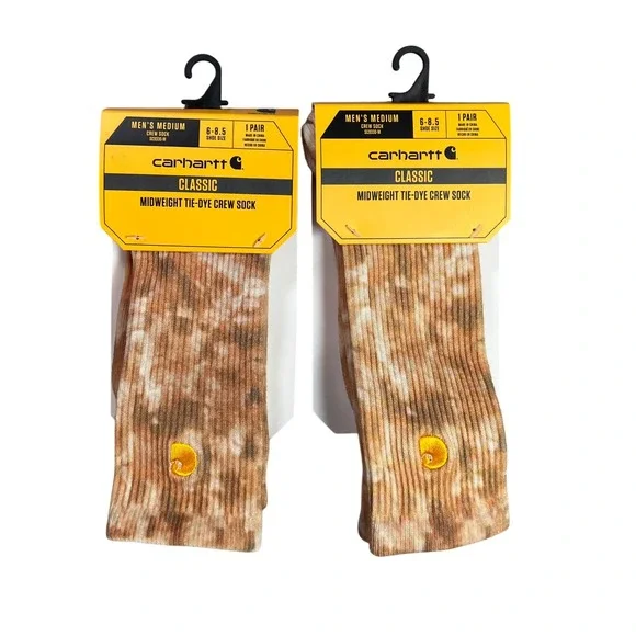 Carhartt Men Medium Midweight Tie-Dye Crew Socks 2 Pair Malt Khaki  Mens 6-8.5