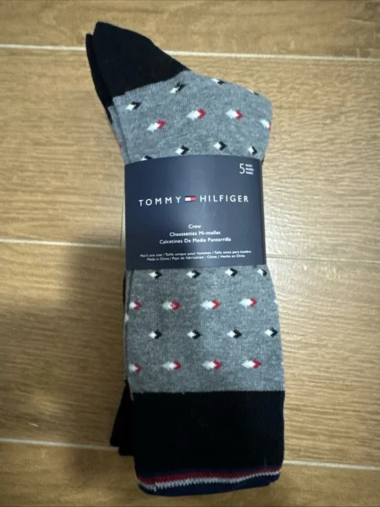 Tommy Hilfiger Grey Crew Socks with Black and Red Accents