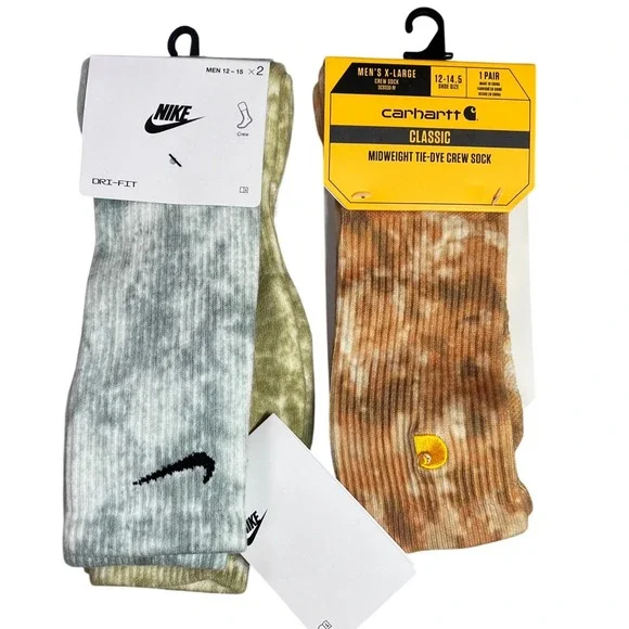 Nike & Carhartt Tie-Dye Crew Socks Mens XL 12-15 3 Pair Bundle Khaki Sage Green