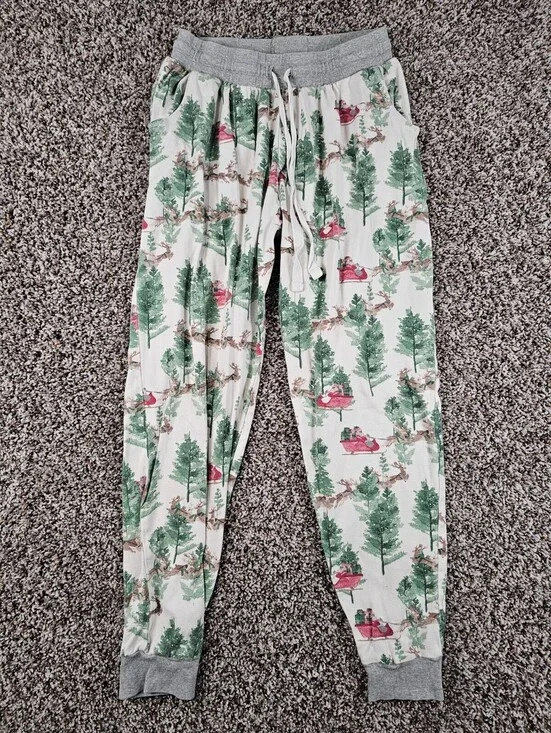 Burts Bees Baby mens Sz S Jogger Pajama Pants Christmas Santa Sleigh